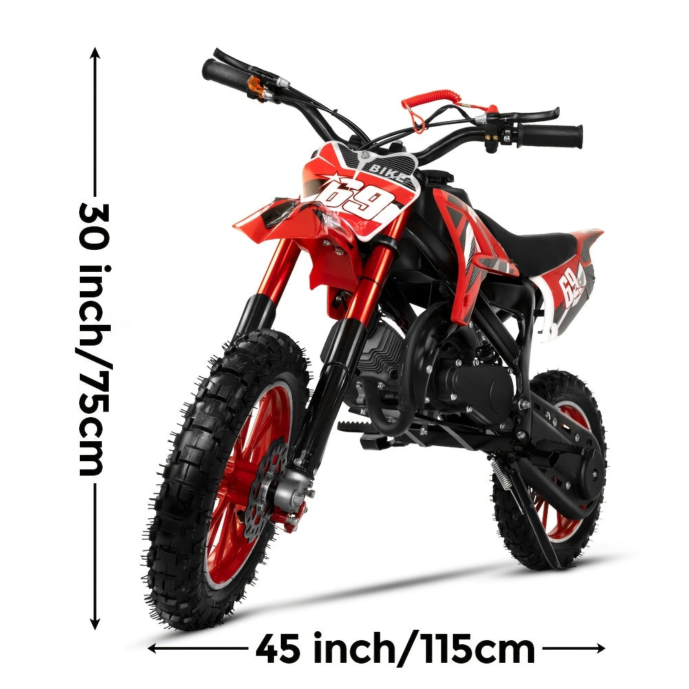 1pc Red 49cc 2-Stroke Dirt Bike for Adults, Metal Off-Road Motorcycle with Soft Seat, Shock Absorber, Front & Rear Disc Brakes, Fuel-Powered, Max Speed 20MPH, Toolkit Included