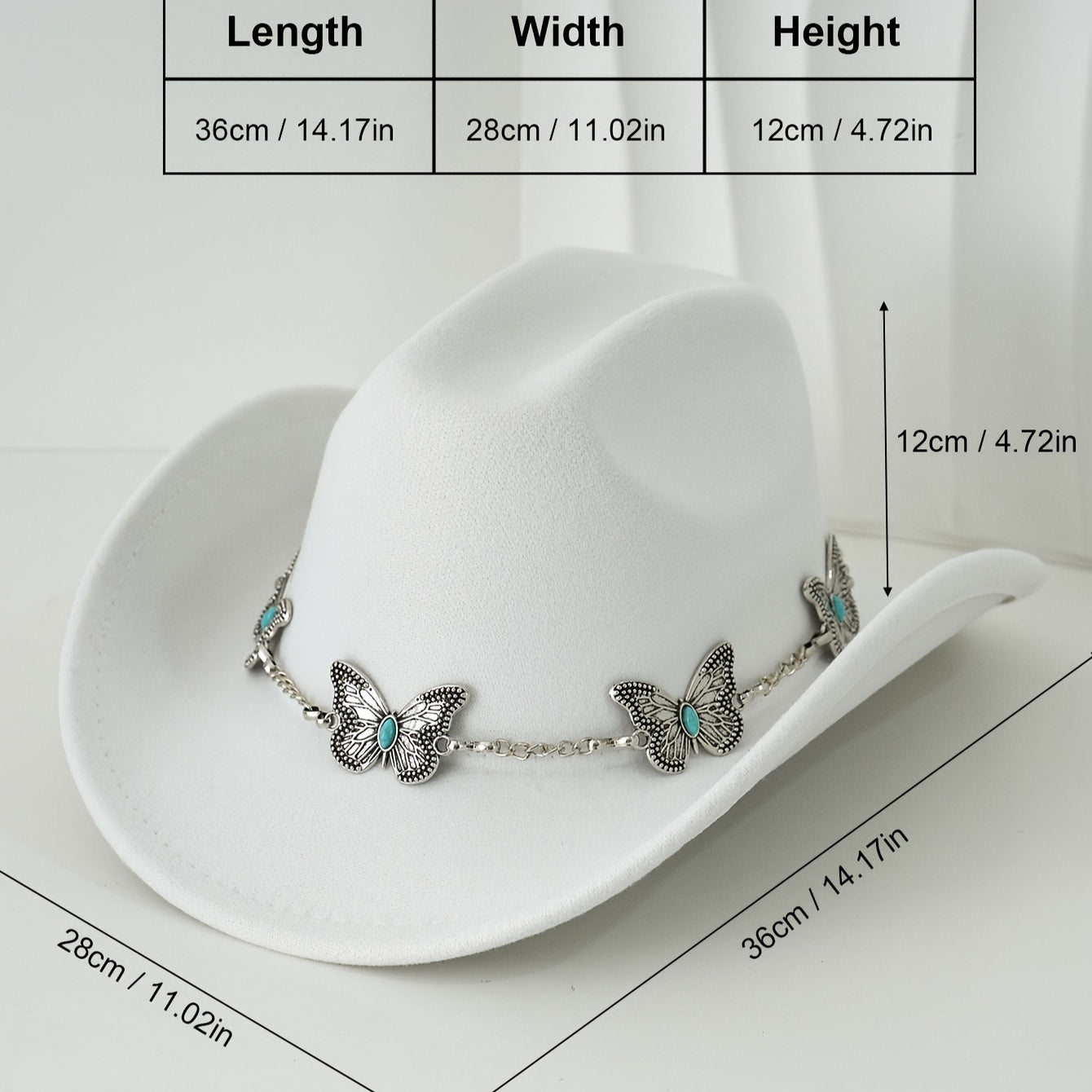 [Western Cowgirl Hat] 1pc Western Cowgirl Hat | Lightweight, Polyester, Woven, Fedora Style with Silvery Metal Butterfly, Ideal for Western Themed Events & Grassland Music Festivals