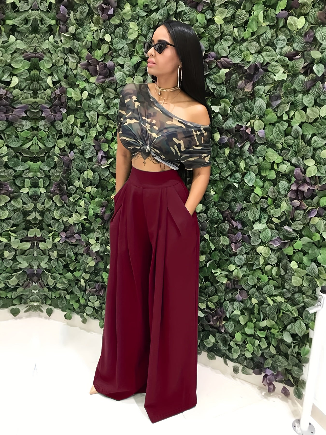 Loose Straight Flare Pants, Casual Pocket High Waist Solid Wide Leg Fashion Comfy Pants, Women's Clothing