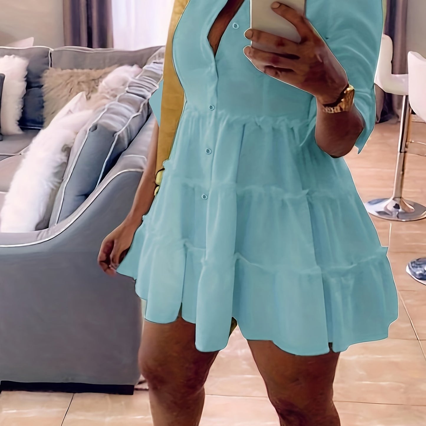 Single Elegant Half Sleeve Ruffle Trim Solid Color Shirt Dress for Spring & Summer, Women's Clothing
