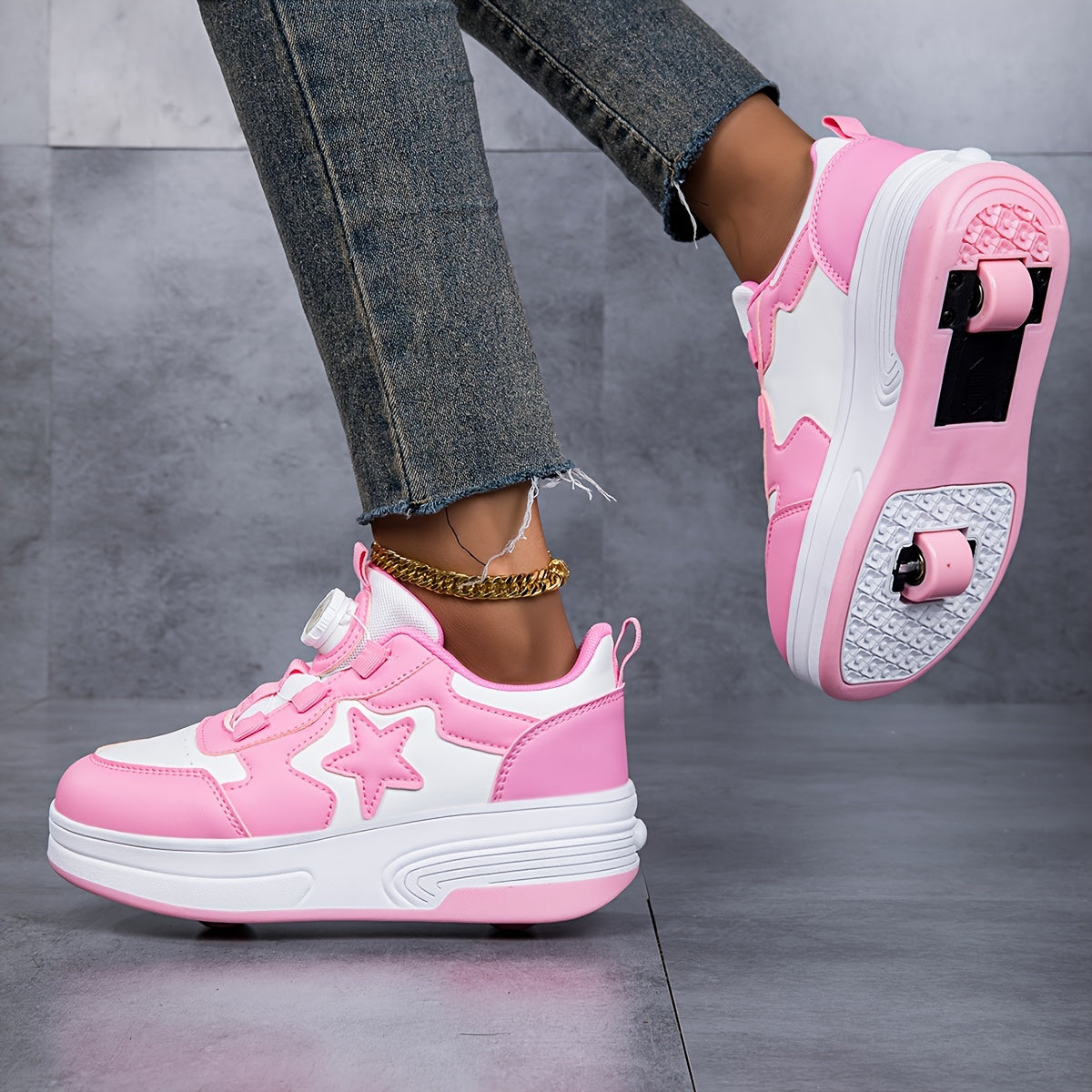 & Pink Roller Skate Sneakers with Detachable Wheels & Rotating Buckle Closure - All-Season Comfort, Star Pattern Design, Low-Top TPR Sole & EVA Cushioning - Durable -like Upper for Training, Sports, Outdoor Play - Ideal Birth