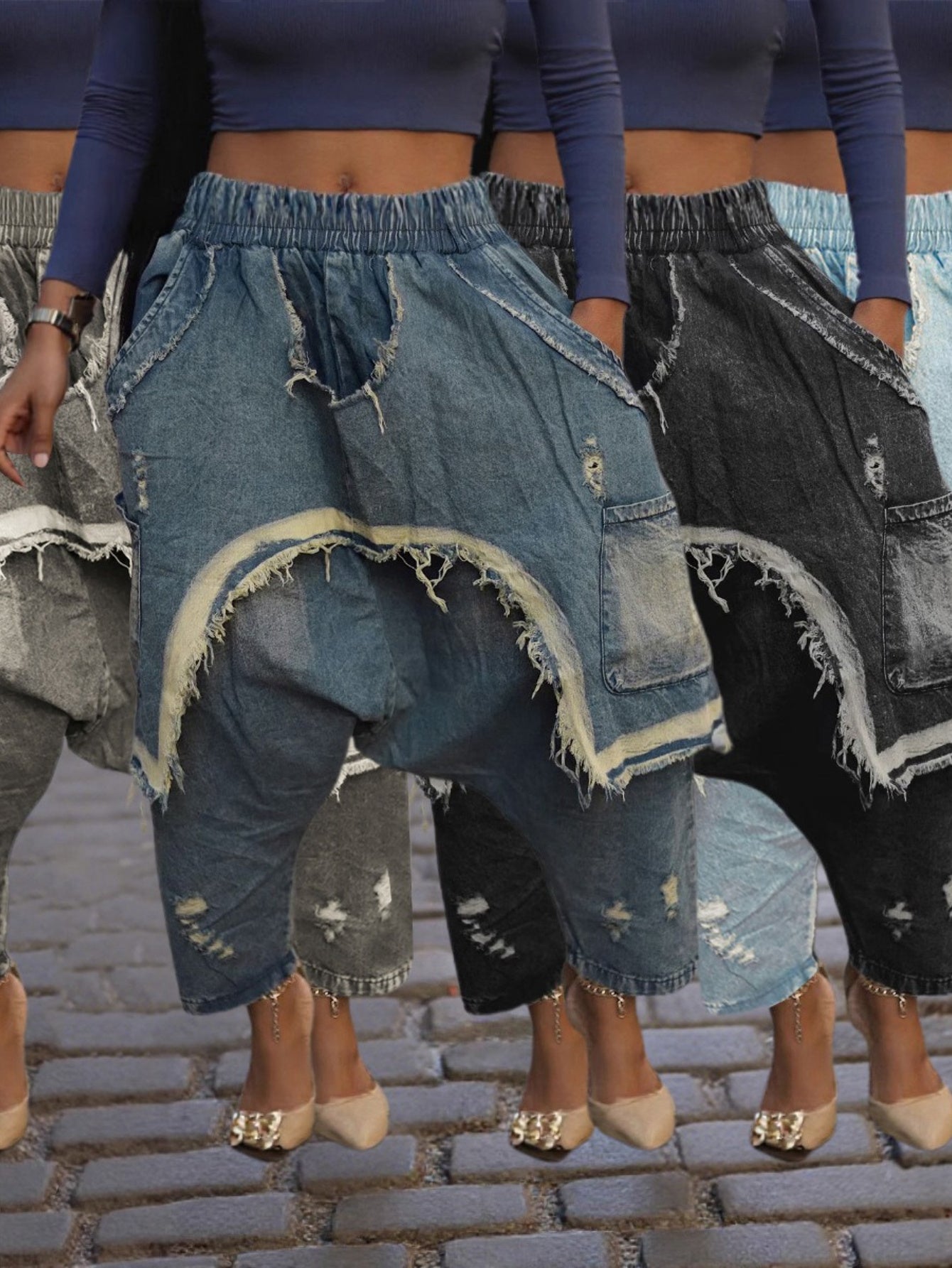 [Trendy Distressed Harem Pants] Trendy Distressed Women's Loose Harem Pants | Fashion Brushed Hole Jeans - Personality Clothing