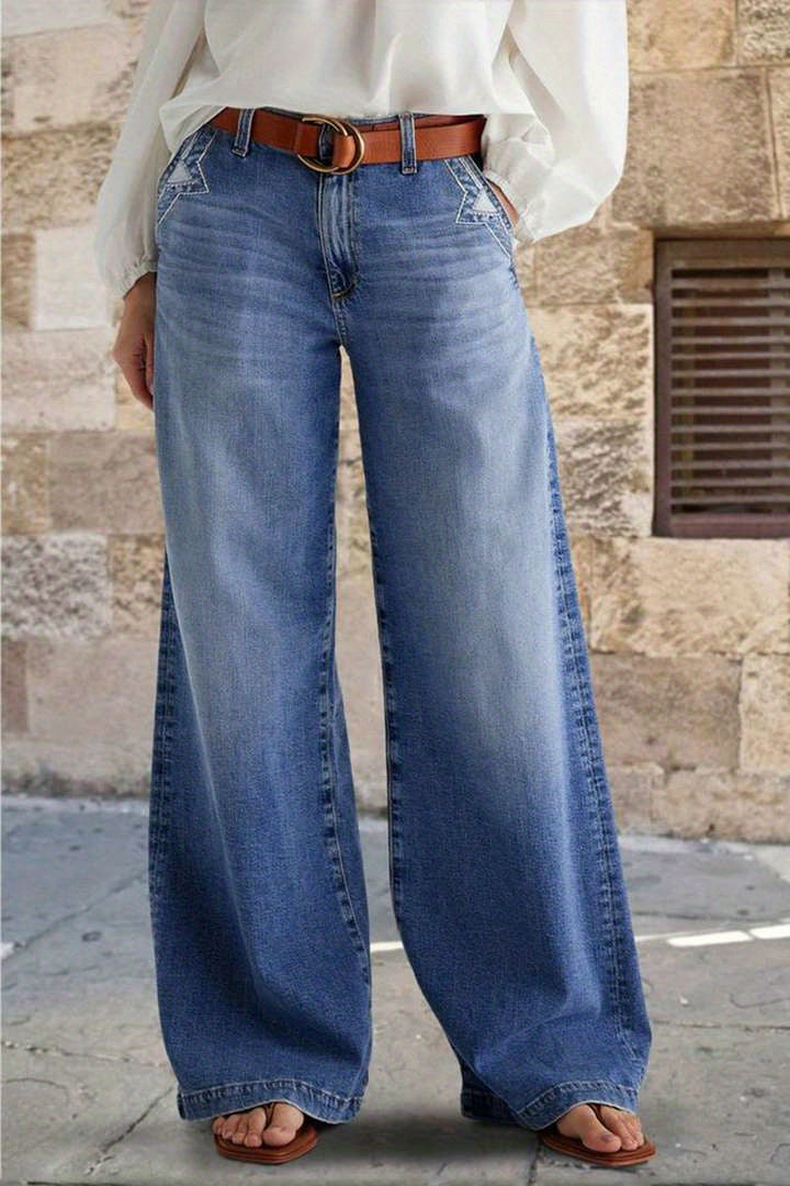 [Vintage High-Waisted Jeans] 1pc Women's High-Waisted Wide-Leg Jeans | Vintage Light Wash with Faded Details, Casual Loose-Fit Trousers Featuring Classic Belt Loops & Pockets, Stylish Full-Length Bottoms for Daily Streetwear,