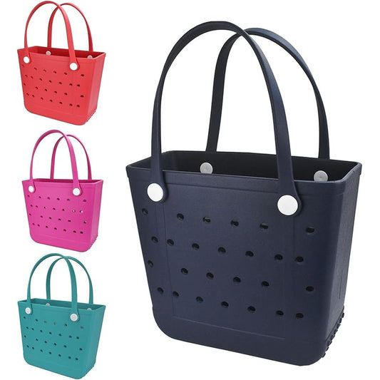 Silicone Large Beach Tote Bag - Durable Washable Sporty Open Top Travel Bag with Ventilation Holes & Sturdy Handles for Outdoor, Pool, Picnic - Red, Outdoor Tote Bag | Perforated Design | Durable Rubber Bag