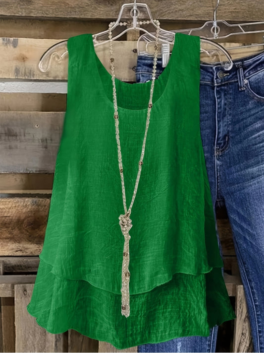 Women's Casual Viscose Blend Tank Top with Ruffle Detail, Solid Color Sleeveless Vest for Spring/Fall - 65% Viscose, 35% Polyester