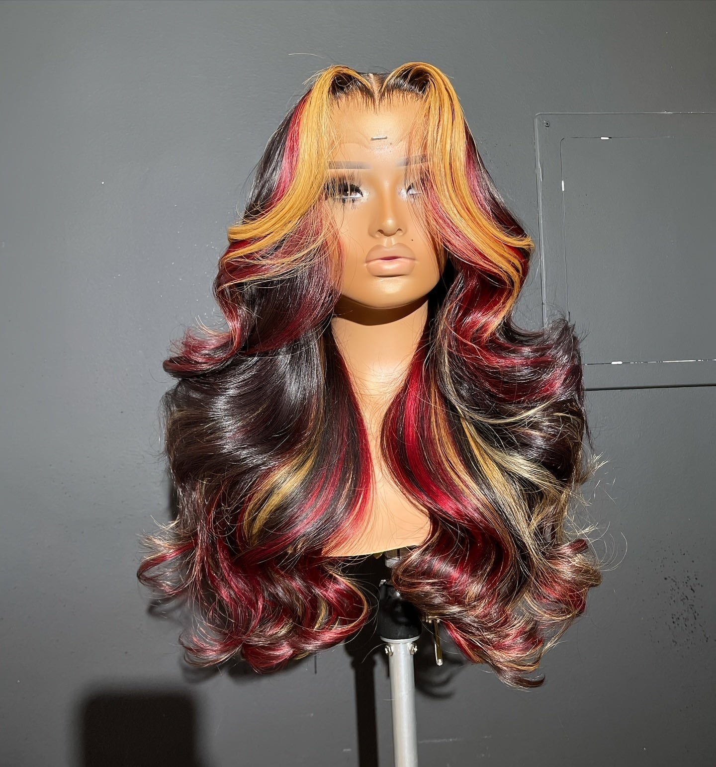 13x4 HD Lace Front Wig with Blonde & Red Highlights - Body Wave Synthetic Hair 180% Density Pre-Plucked Glueless 28 Inch Natural Look for Women All Ethnicities, Versatile Hairpiece | Elegant Hairpiece