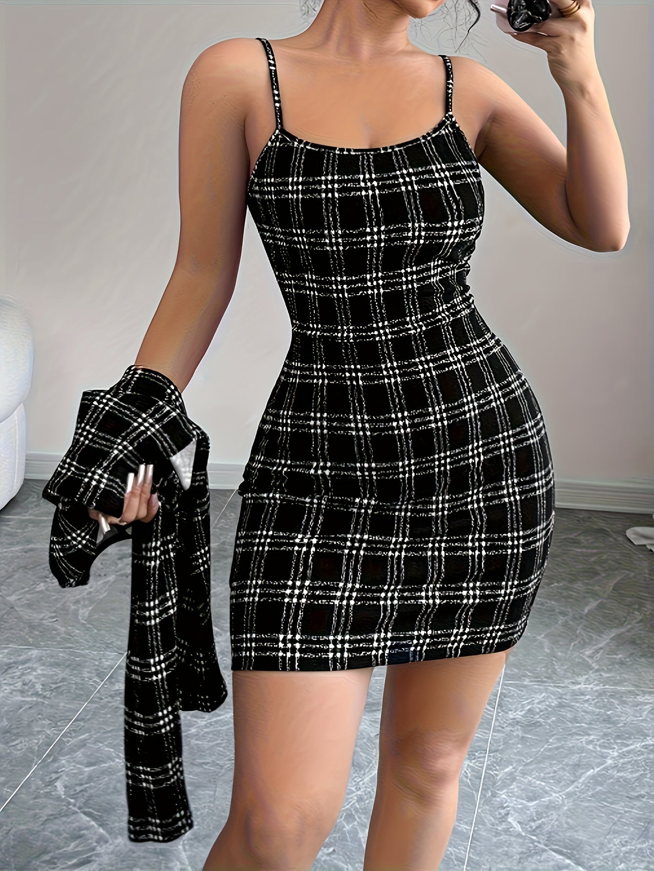 2025 New Elegant Resort Style Collection: Plaid Print Buttoned Long-Sleeve Coat + Slim Camisole Dress, Elegant Attire, Resort Wear, Classic Plaid, Button Detailing, Durable Construction, Breathable Material, Matching Outfit,