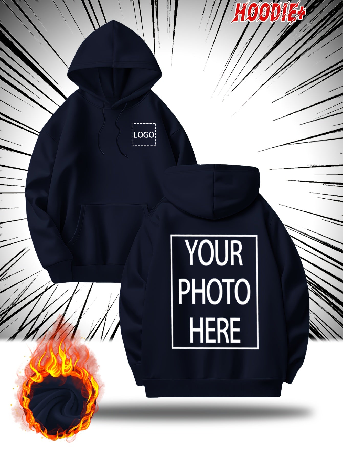 Customizable Men's Hoodie - Personalized Photo/Text Front & Back, Navy Blue with White Lettering, All-Season Comfort Fit, Casual Sporty Design for Halloween Christmas Gifts, Personalized Gift, Durable Casualwear