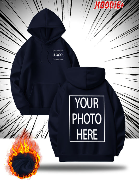 Customizable Men's Hoodie - Personalized Photo/Text Front & Back, Navy Blue with White Lettering, All-Season Comfort Fit, Casual Sporty Design for Halloween Christmas Gifts, Personalized Gift, Durable Casualwear