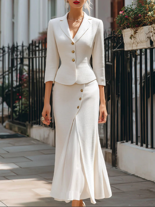 Women'S Luxury Suit Set with Golden Buttons - Waist-Cinched Blazer & Slit Mermaid Skirt, Elegant Winter Formal Outfit for Dinners, Exhibitions, Dates | Structured Tailored Fit, Versatile Semi-Formal to Evening Wear, Durable &