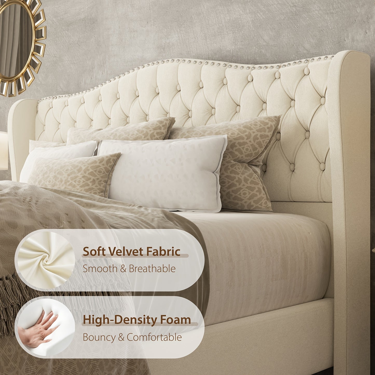 Queen Size Platform Bed Frame with 51-inch Tall Camelback Headboard & Wingback, Gorgeous Studded Trim, Mattress Foundation, No Box Spring Needed, Cream
