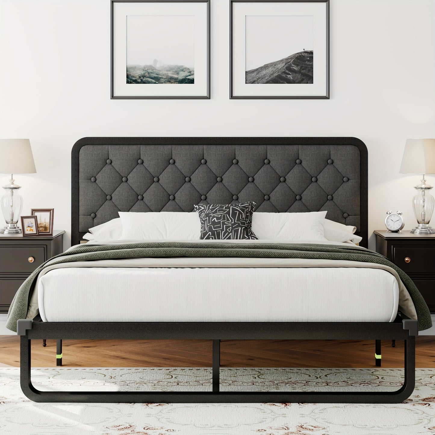 12" Heavy Duty Storage Platform Metal Bed Frame - Luxurious Button Tufted Upholstered Headboard, No Box Spring Needed, Sturdy Construction, Ample Storage Space, Easy Assembly