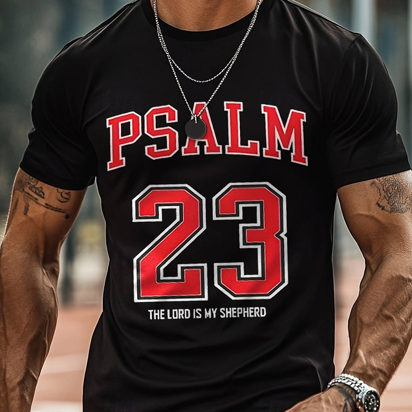 Men's Black Short-Sleeve T-Shirt - "Psalm 23: The Lord is My Shepherd" Print, Casual Polyester Knit, Comfort Fit for Summer Outdoor Activities