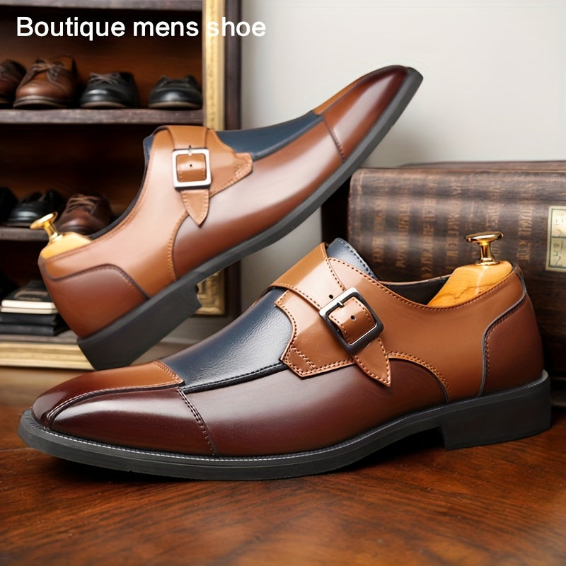 Men's Fashionable Color Block Dress Shoes - Stylish Business Casual Oxfords with Square Toe, Double Monk Straps & Heel Buckle, Versatile for Casual Attire