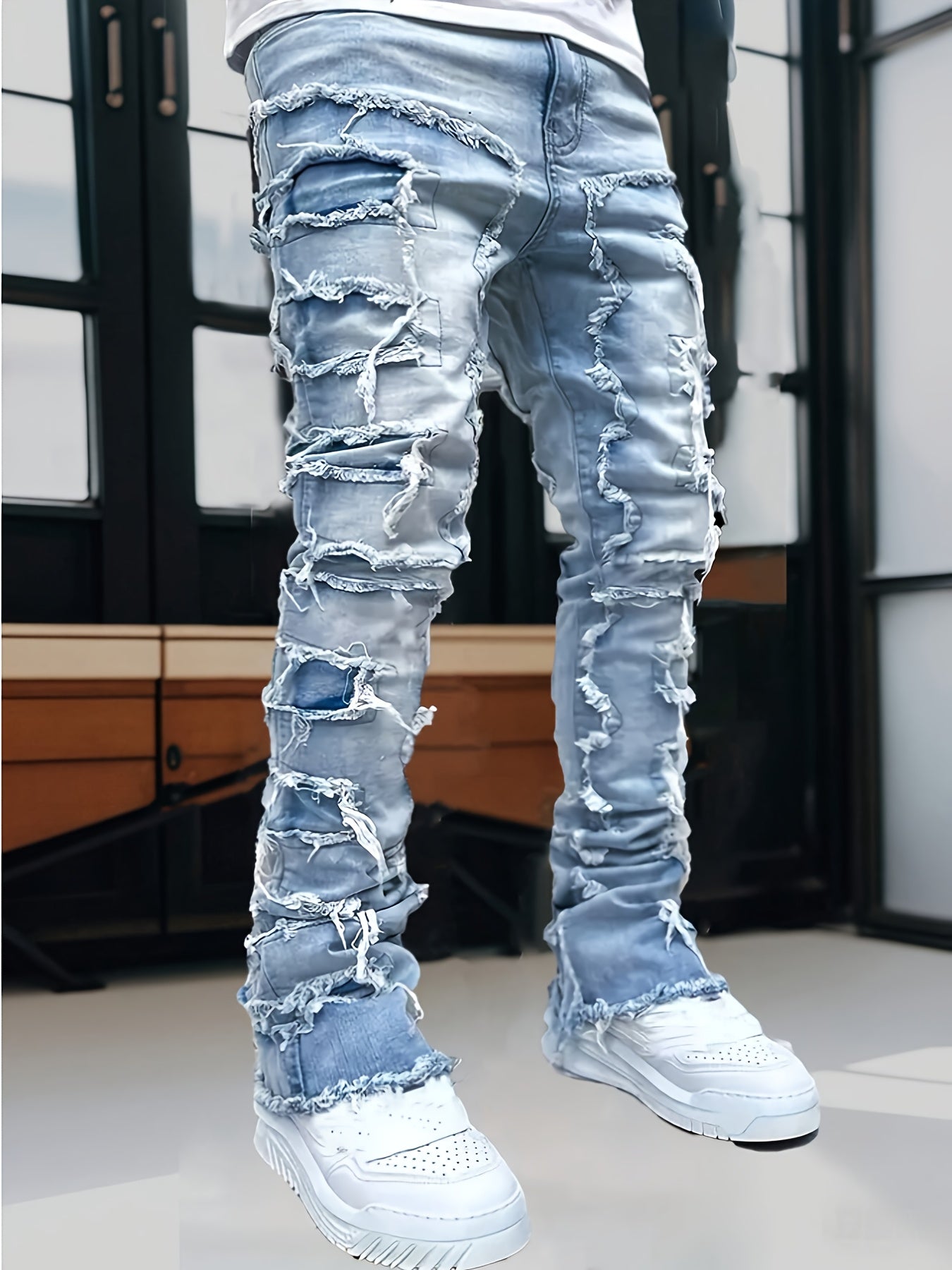 Men's Stretch Skinny Jeans - Slim-Fit Distressed Frayed Hem Pants, Mid-Rise Waist & Tapered Cuff, Non-See-Through All-Season Jeans for Everyday & Formal Outfits - Machine Washable Denim-Like Pants, Formal Outfit Jeans, Casual