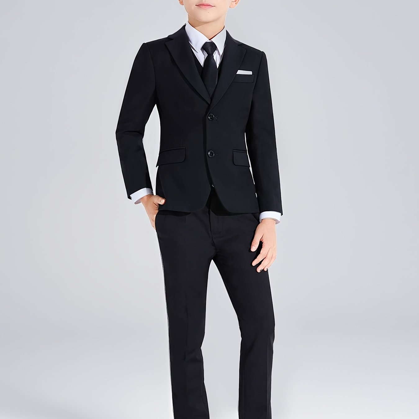 Lycody Boys Suits 4pcs Black Blazer Vest Pants With Random Tie Suit Set For Boy Slim Fit Kids Formal Wedding Dress 5-16Y