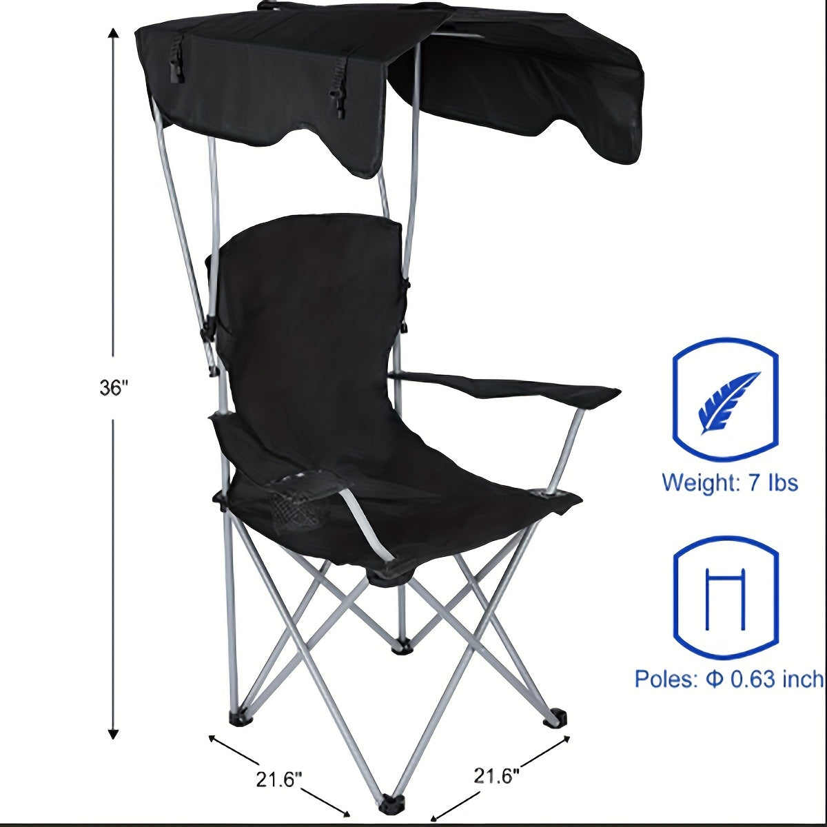 YSSOA Foldable Canopy Lounge Chair with Sunshade & Cup Holder for Camping, Hiking, Travel - Black, 21.6" x 21.6" x 36", Breathable Fabric, Sturdy Iron Frame, Outdoor Comfort