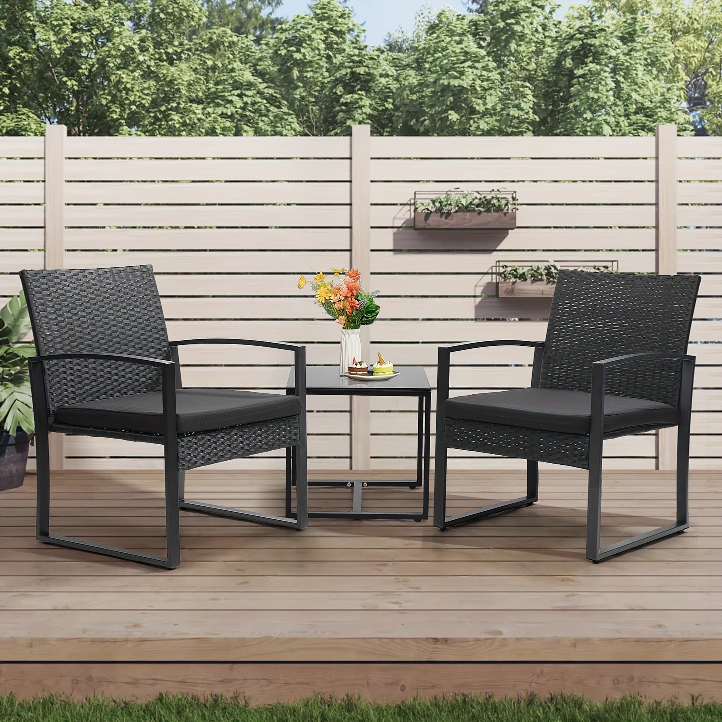 Outdoor Chairs With Bistro Table Furniture Set, Wicker Rattan 3pcs Conversation Set Includes 2 Waterproof Chairs With Thick Cushions And 1 Bistro Table With Safety Glass Top