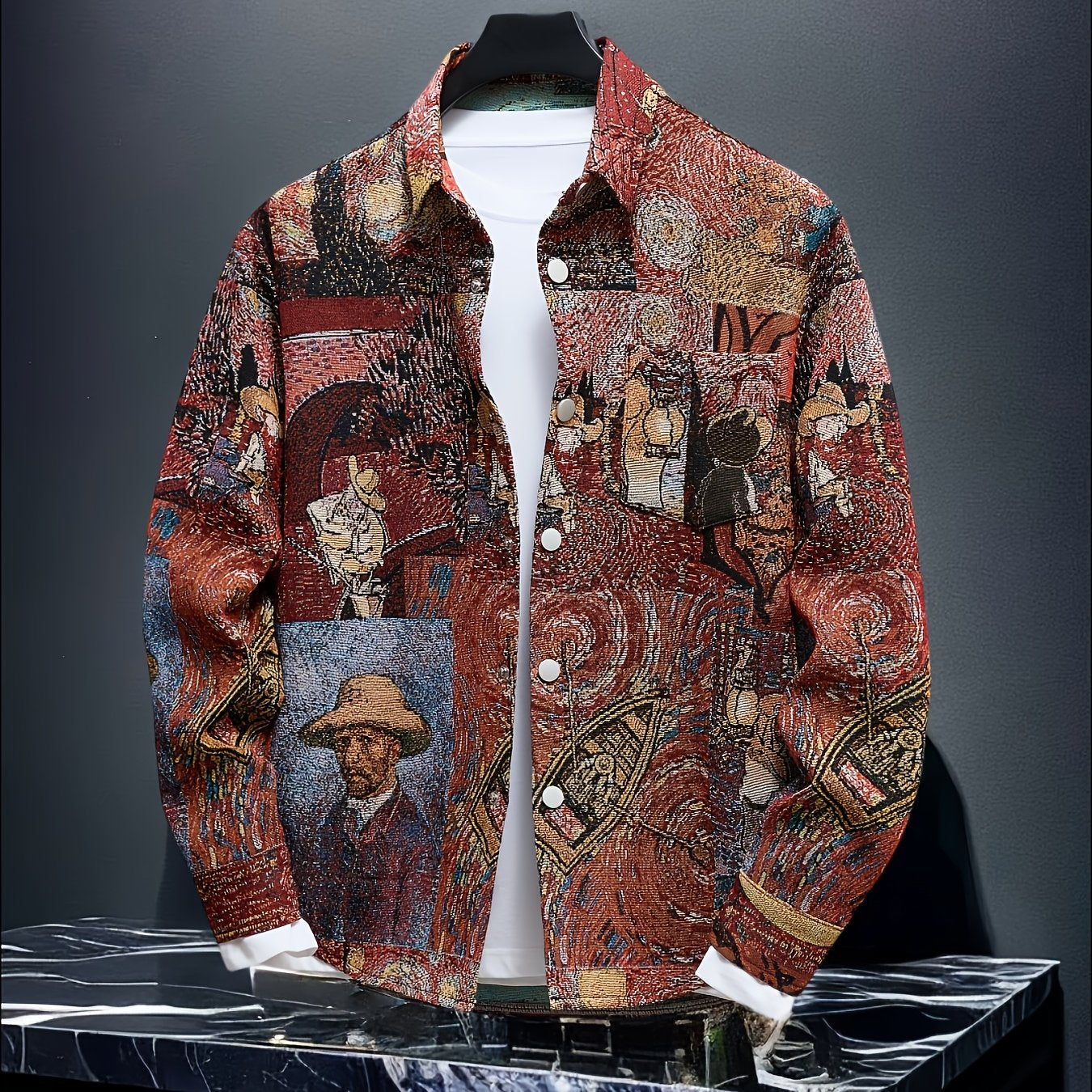Men's slim-fit long-sleeve shirt - Van Gogh-inspired art buttons top, suitable for both formal and casual wear, machine washable polyester suit alternative - an ideal gift for art enthusiasts, street-style fashion outfit, ver