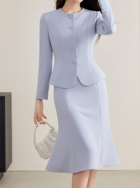 Light Purple Waist - cinching Blazer Set, Autumn & Winter Long - Sleeve Short Jacket + Mermaid Midi Skirt, Office Commute Two - piece Outfit
