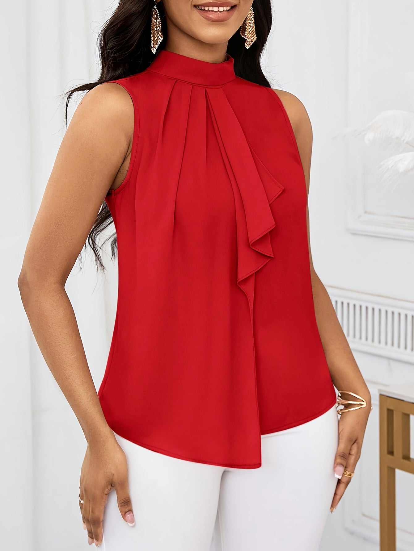 100% Polyester Solid Color High Neck Sleeveless Top - Lace-Up Detail, Woven Fabric, 120g/m², Regular Length, All-Season Wear