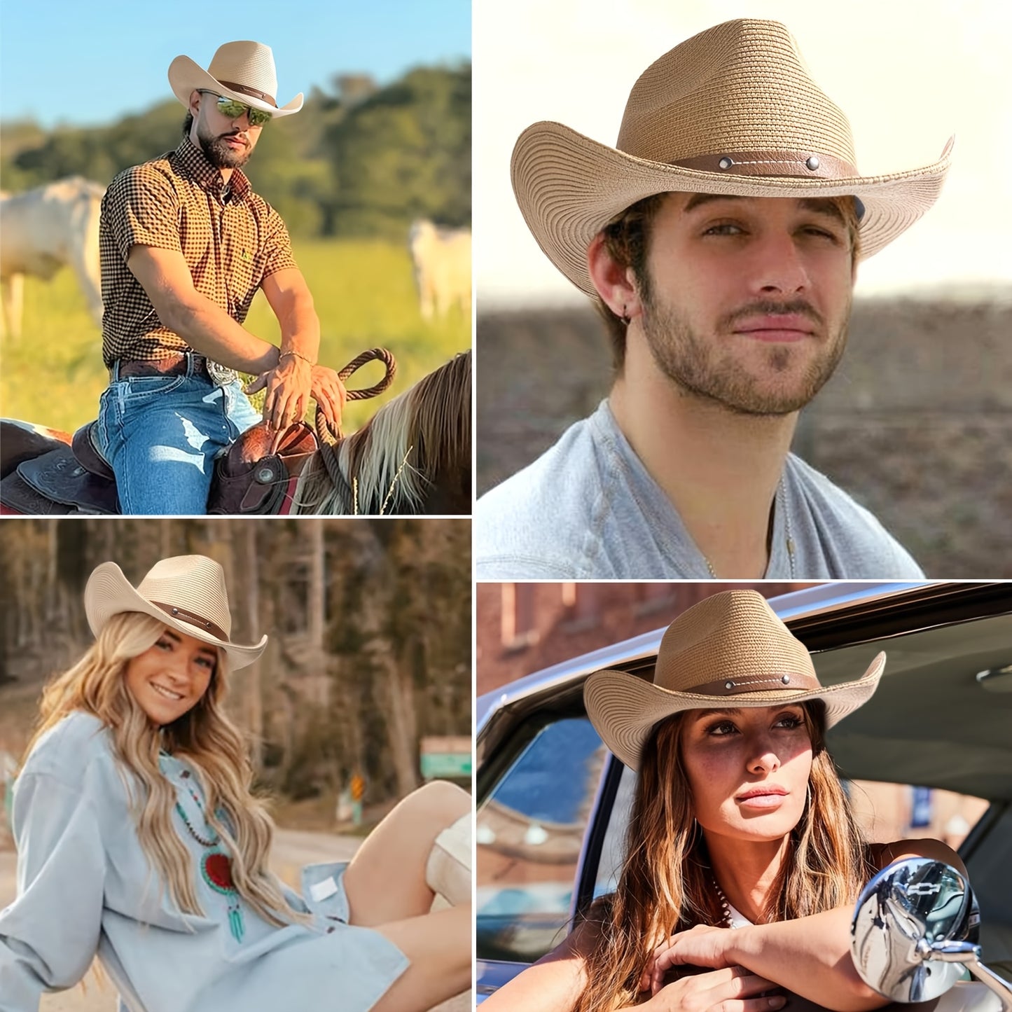 Adjustable Western Cowboy Hat with Wind Rope Closure - Foldable Lightweight Breathable for Beach, Outdoor & Travel - All-Season Comfort