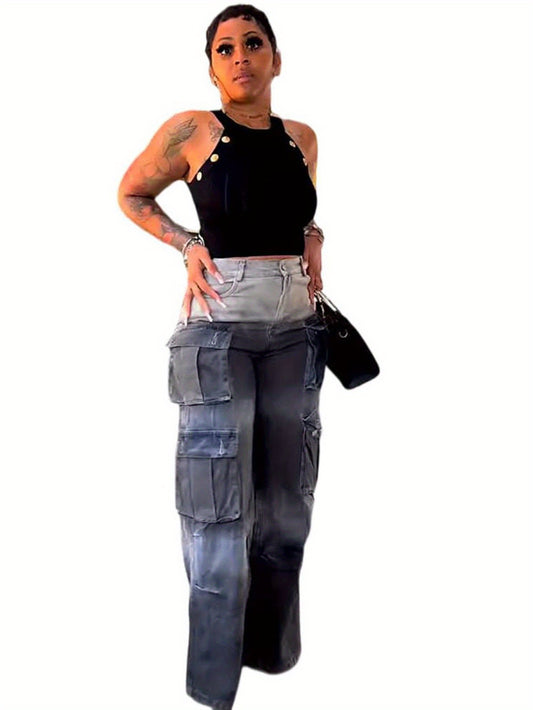 [Tie-Dye Wide Leg Pants] Gradient Color Tie-Dye Women's High Waist Multi-Pocket Wide Leg Pants