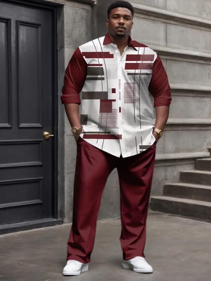 [Plus Size Suit Set] Men's Plus Size Suit - Stretch Long Sleeve Button-Up Shirt & Pants Set | Retro Geometric Check Pattern, V-Neck Lapel Design, Loose Fit for Casual & Formal Wear, Plus Size Blazers