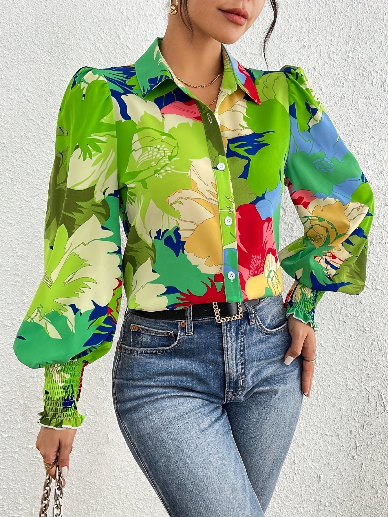 Floral Print Button Front Shirt, Vacation Long Lantern Sleeve Blouse For Spring & Fall, Women's Clothing