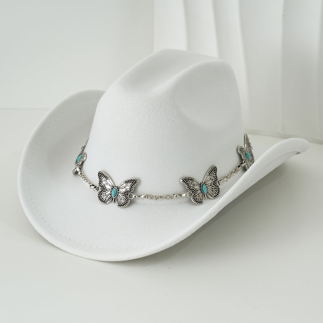 [Western Cowgirl Hat] 1pc Western Cowgirl Hat | Lightweight, Polyester, Woven, Fedora Style with Silvery Metal Butterfly, Ideal for Western Themed Events & Grassland Music Festivals