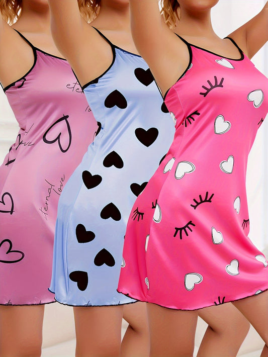 3 Pcs Comfortable Heart Print Round Neck Backless Sleepwear Dress, Casual Frill Trim Nightgown