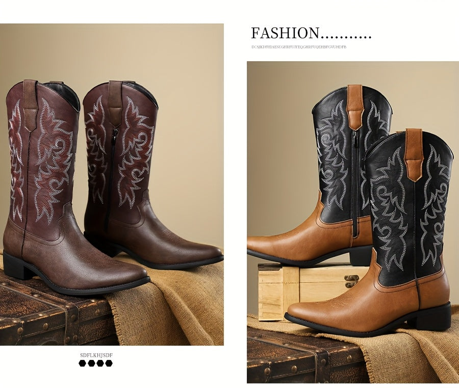 [Father's Day, Cowboy Boots] Father's Day Gift | Men's Retro Western Cowboy Boots | Embroidered Tall Chelsea Boots