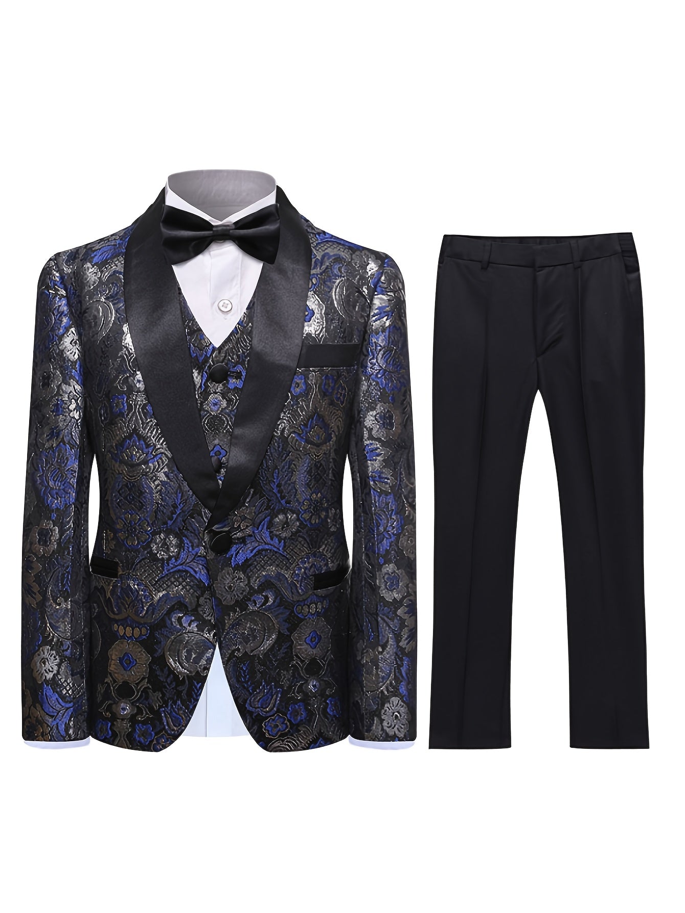 Navy Blue & Black 2025 Men's Floral Print Suit - Elegant Long Sleeve with Lapel Collar, Button-Up Blazer & Trousers for Weddings, Parties, Dates - Premium Fabric, Formal Attire, Date Night Outfit, Classic Fashion, Sophisticat