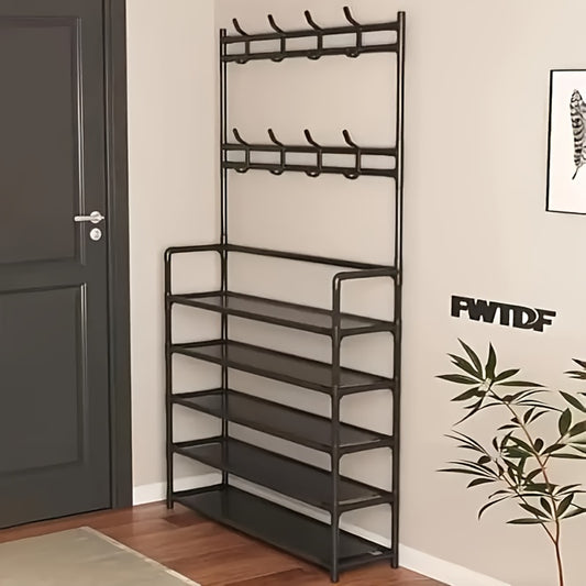 Black 5-Tier Iron Entryway Shoe and Coat Rack with 8 Hooks, Space-Saving Organizer for Bedroom, Living Room, or Hallway, Perfect for Hanging Clothes, Hats, and Bags, Entryway Organizer | Freestanding Unit | Sturdy Build, Shoe