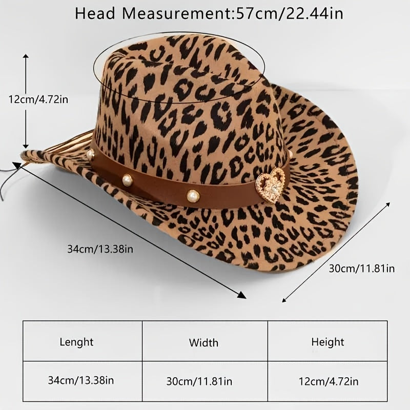 Leopard Print Western Cowboy Hat with Detachable Heart-Shaped Decorative Band - Lightweight Felt Material, Adjustable Drawstring Closure, Black & Brown Animal Print Design for Outdoor, Christmas, Thanksgiving, Kwanzaa - Unise
