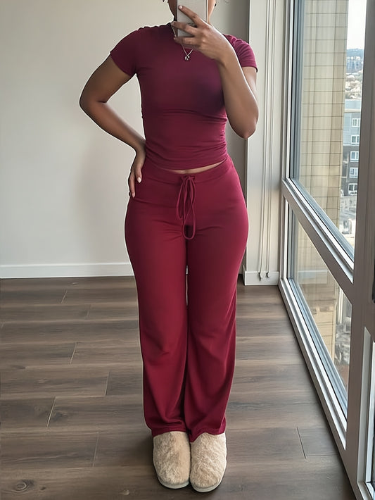 Maroon Women's Two-Piece Set: Short Sleeve Crop Top & High-Waisted Wide-Leg Pants - Cozy Fleece Loungewear with Drawstring Waist, Soft & Comfortable for Casual Home Wear, All-Season Wear, Loungewear Set|Casual Style|Soft Flee