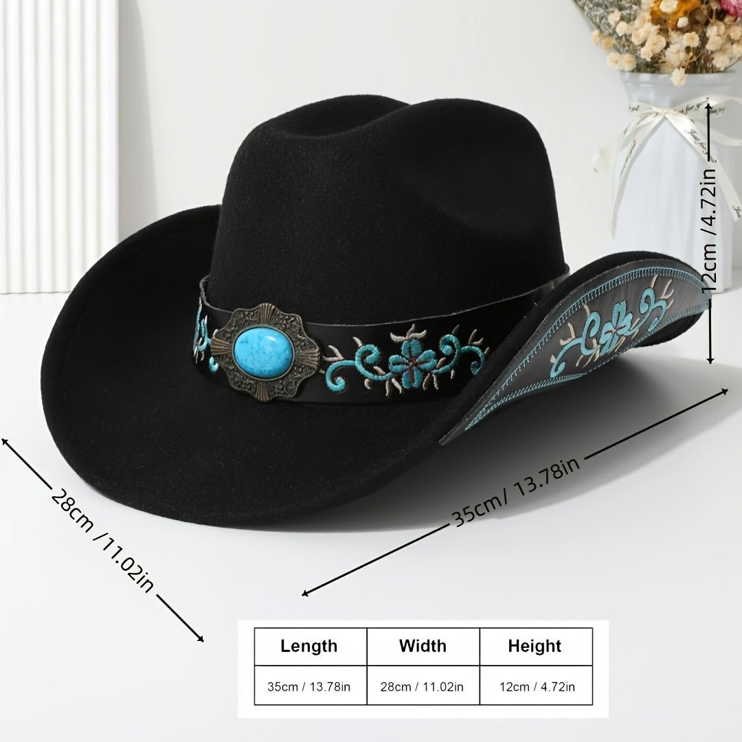 Lady's Elegant Felt Cowboy Hat with Turquoise Stone and Embroidered Belt - Perfect for Dance Parties, Graduations, and Festive Occasions