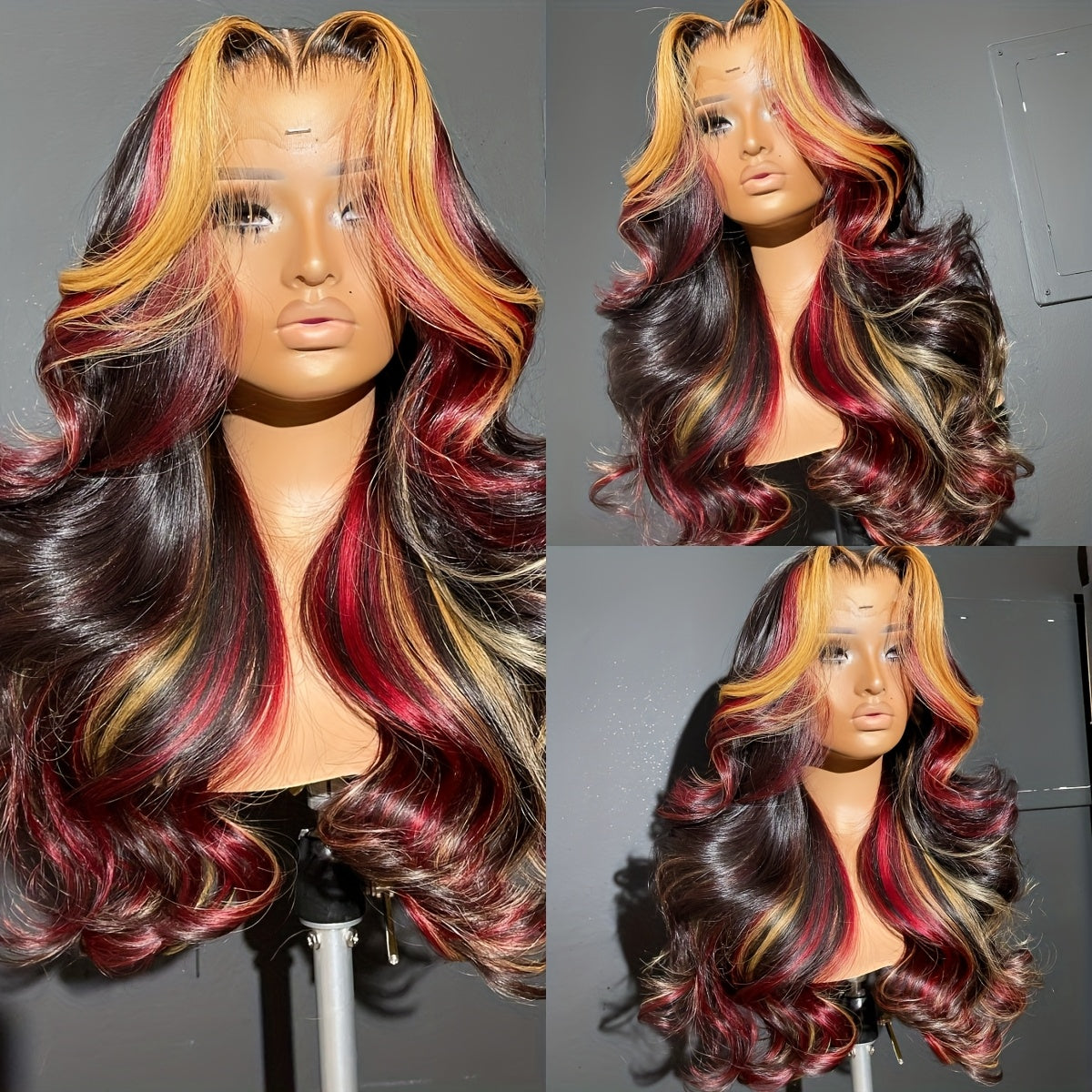 13x4 HD Lace Front Wig with Blonde & Red Highlights - Body Wave Synthetic Hair 180% Density Pre-Plucked Glueless 28 Inch Natural Look for Women All Ethnicities, Versatile Hairpiece | Elegant Hairpiece