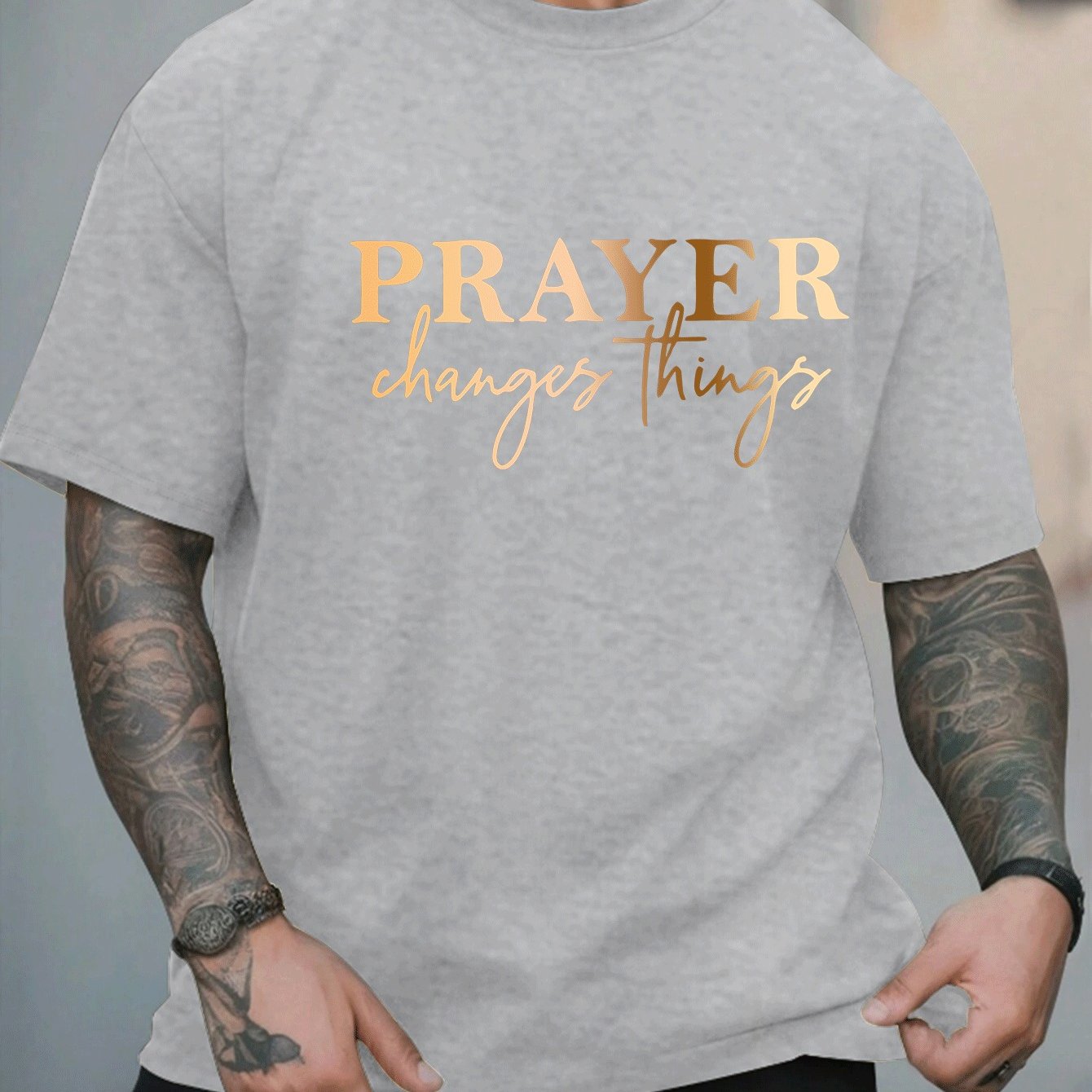 [Summer Fashion, Prayer Quote T-Shirt] Plus Size Men's Casual T-Shirt - "Prayer Changes Things" Quote, Geometric Pattern, Round Neck, Short Sleeve, Summer Fashion - Polyester Knit Fabric Top