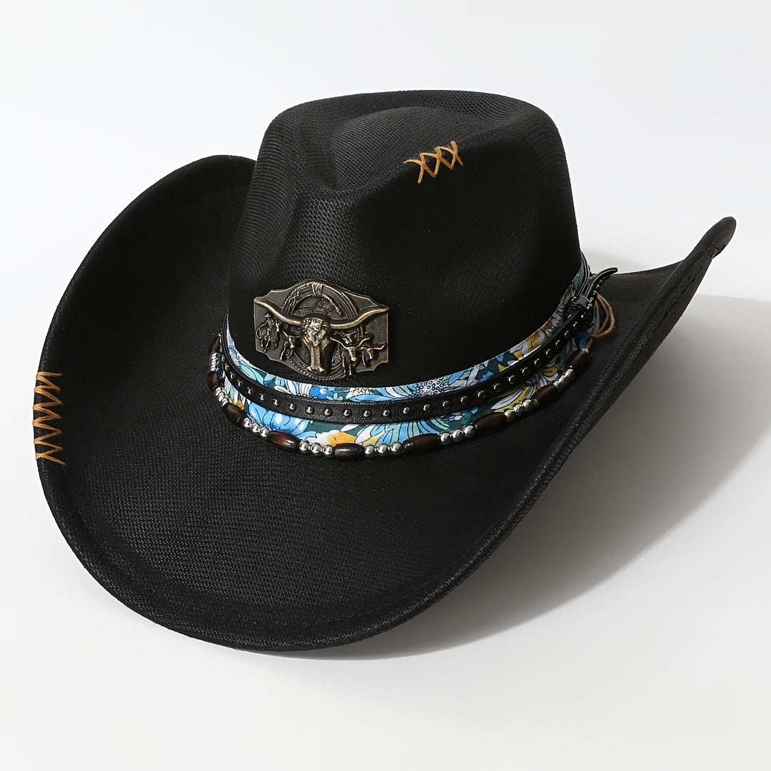 Men'S Western Cowboy Hat - Black Wide Brim with Blue & White Floral Embroidery, Copper Bull Head Metal Belt Buckle, Lightweight Fitted Design for Outdoor, Parties, Performances - All-Season Versatile Cowboy Hat, Cowboy Hat