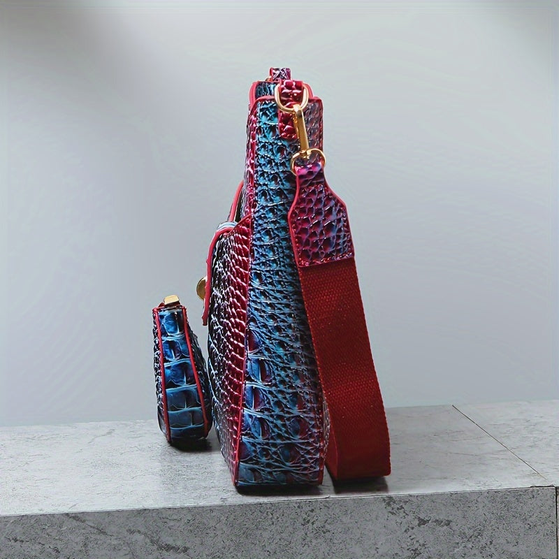 Elegant women's cross-body bag, fashionable color crocodile pattern cross-body bag, wide shoulder strap removable two-piece women's bag, safety zipper bag with coin purse