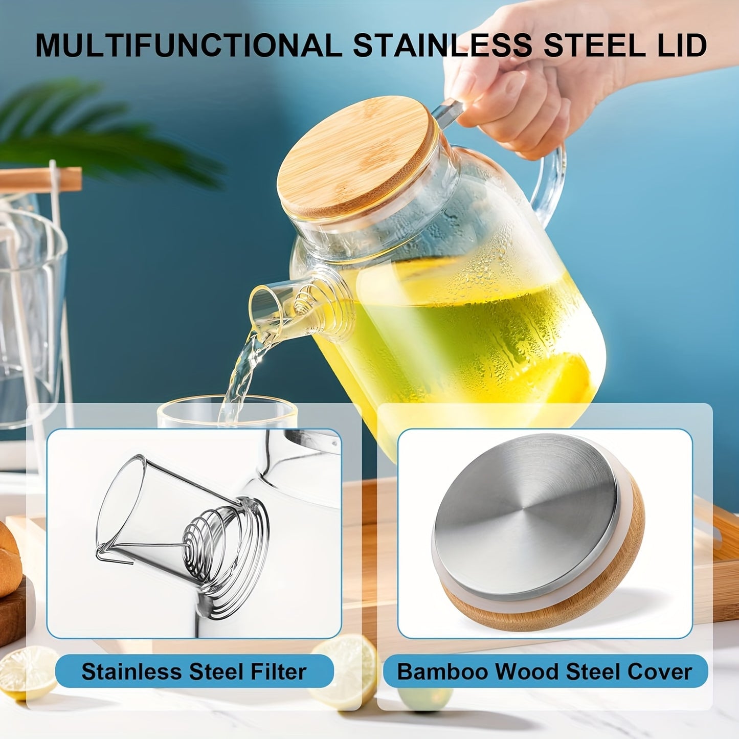 1000/1800ml Glass Water Kettle, Suitable for Stove, with Removable Strainer Mouth, Equipped with Spout, Lid and Handle, Suitable for Brewing Loose Leaf and Herbal Tea, Can Hold Juice, Milk, Beverages, Transparent Hot and Cold