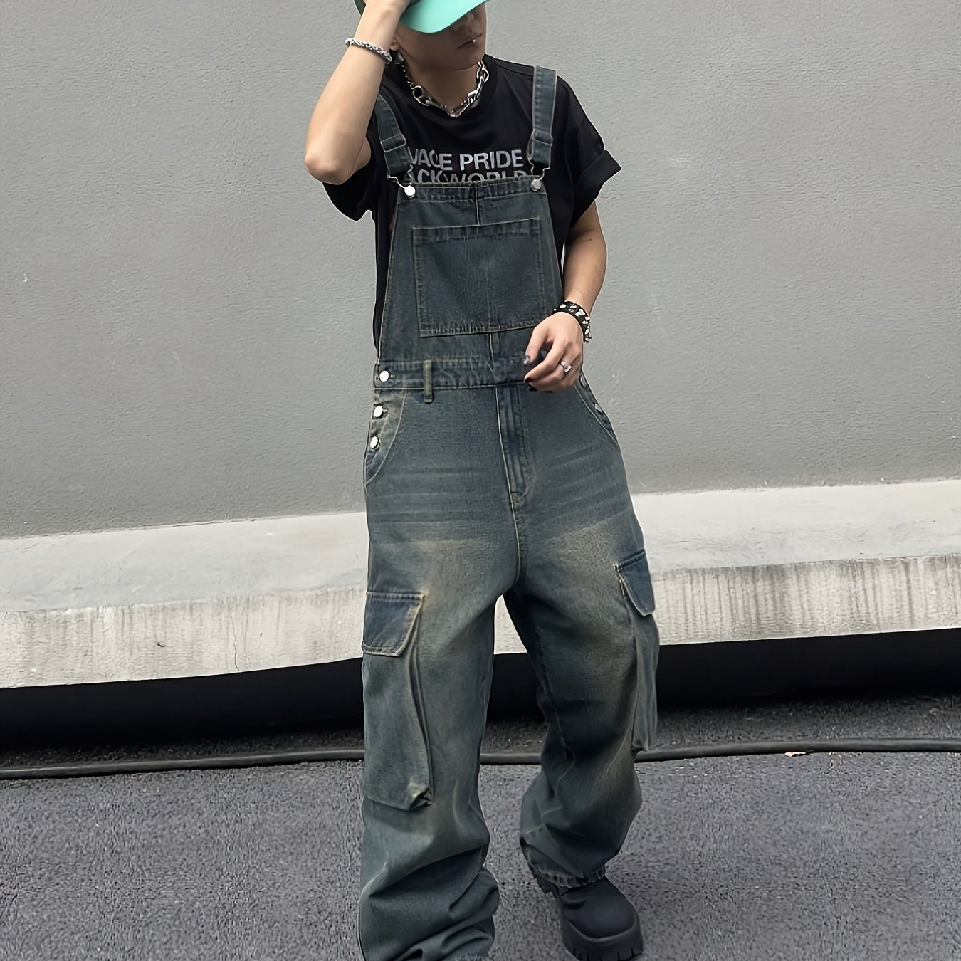 HME Men's Heavyweight Distressed Faux Denim Overalls Jumpsuit - Vintage Washed White with Large Functional Pockets, Loose Wide-Leg Fit, All-Season Casual Streetwear & Hip-Hop Style, Beltless Design with Buckle Closure, Machin