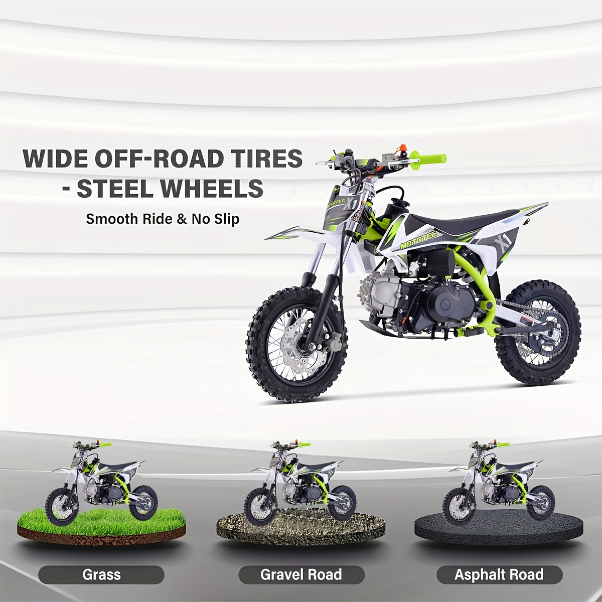 Gas Dirt Bike | 110cc 4-Stroke Engine | 6.7 HP, 8000 RPM | Carbon Steel Frame | Electric Start | SAE 10W | 74.39oz Fuel Tank | Durable Design for Off-Road Adventures, Offroad Biking | Dynamic Graphics | Rugged Tires