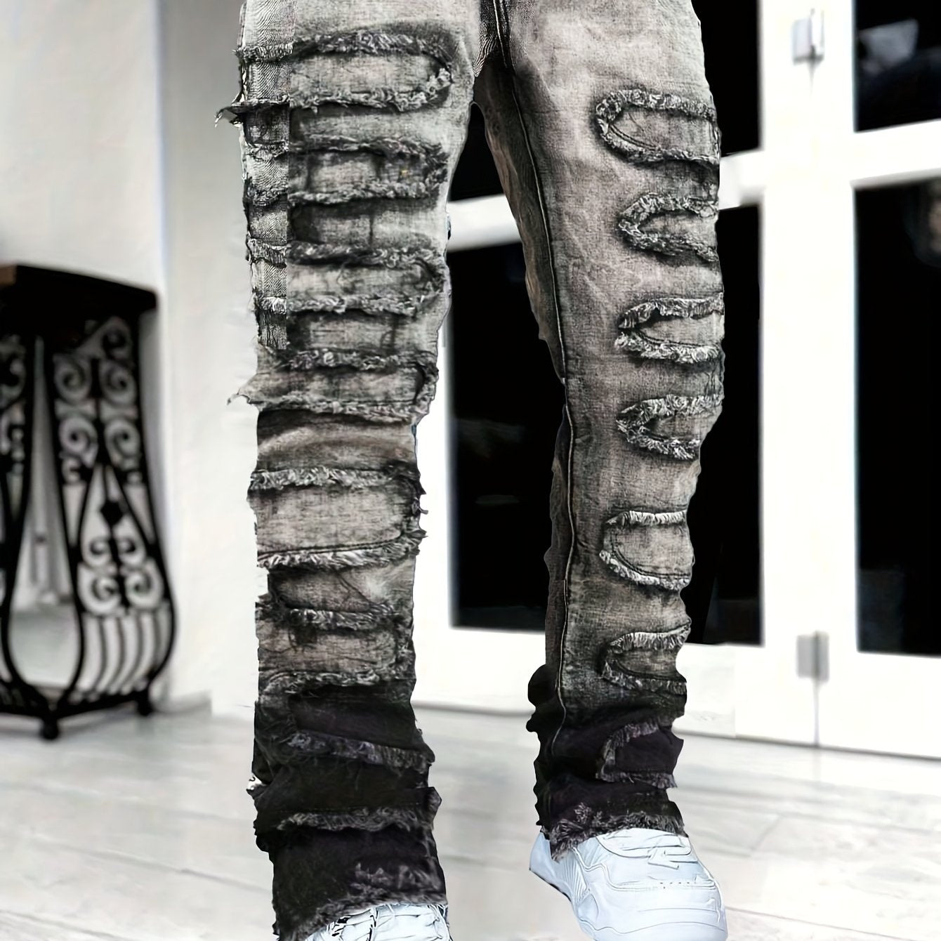 Men'S Fashion Trend Retro Washed Gradient Patch Versatile Straight Leg Jeans
