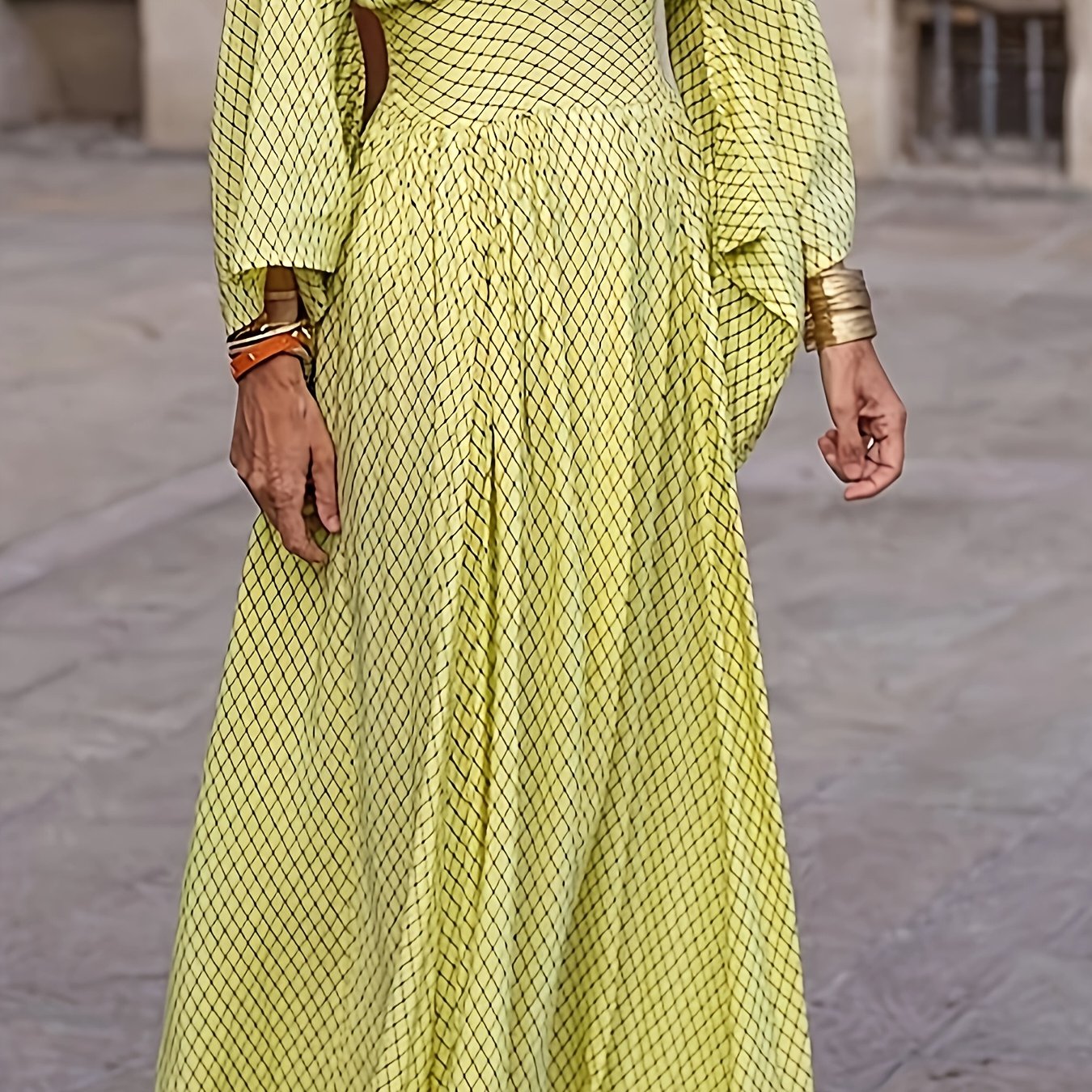 Long Sleeve Dress Women'S Batwing Sleeves V Neck Pleated Waist Flowing Dress Geometric Style Autumn Cocktail Party Evening Dress