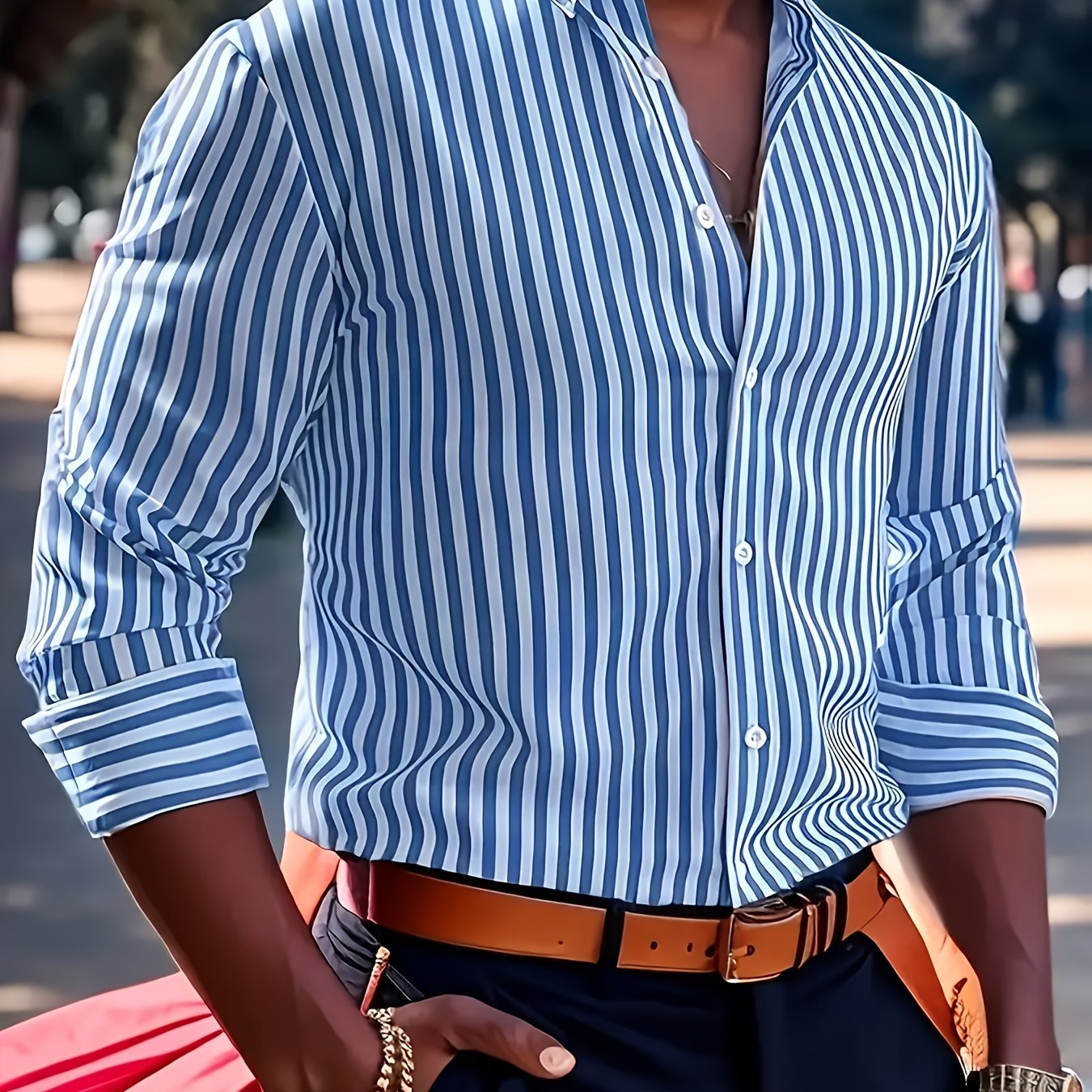 Men'S Long Sleeve Dress Shirt - Classic Button-Up Formal & Everyday Shirt, Easy-Care Button Front Placket, Office, Wedding, Party Attire - Autumn/Winter Clothing for Men, Office Attire, Striped Pattern, Comfortable Fit, Versa