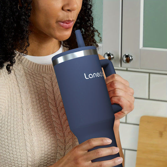 40oz Vacuum Insulated Travel Drum with Straw And Lid - Ideal Car Companion for Hot Coffee, Iced Juice- Perfect Valentine's Day/ Mother's Day Gift for Everyone, Blue