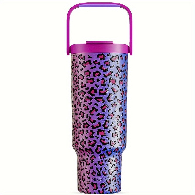 1pc 40oz Insulated Stainless Steel Tumbler With Handle - Leak-Proof, Keeps Cold For 24 Hours, Fits Car Cup Holder - Reusable, Round, Multipurpose Travel Mug With Lid And Straw