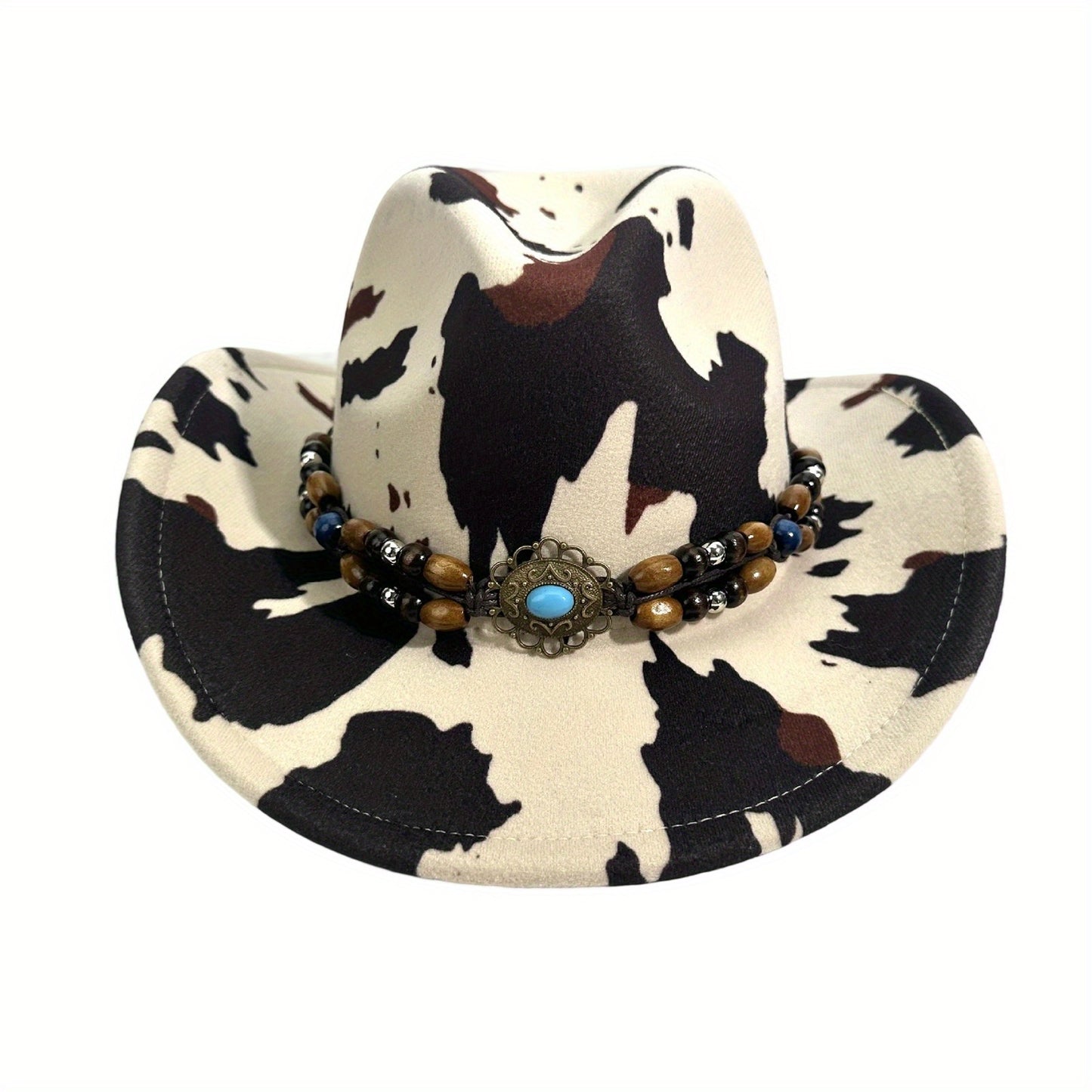 Cow Print Cowgirl Hat for Women & Men - Wide Brim Beaded Belt Western Cap with Black & White Cow Pattern, Brown & White Accents, Perfect for Parties, Beach, and Outdoor Events, Cowboy Hat, Party Accessory, Stylish Headwear